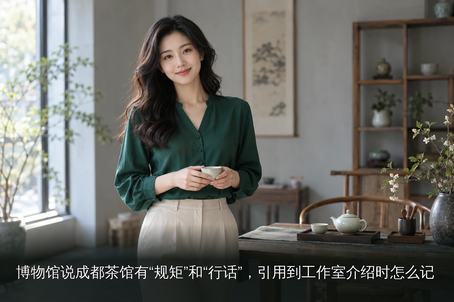 年轻女性品茶主题图|现代茶室站姿人物